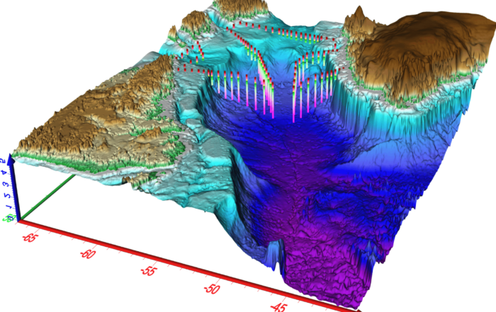 This visualization is a 3D map showcasing the seafloor.