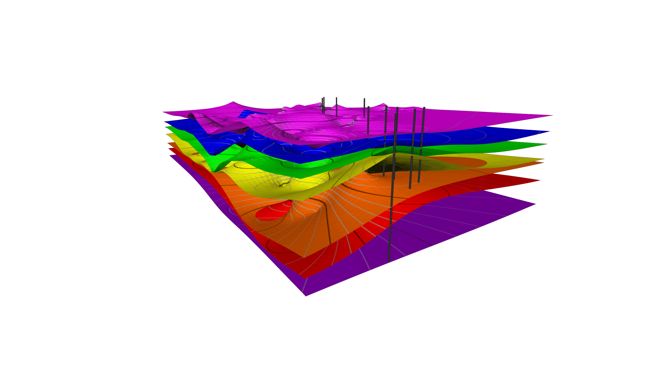 This 3D model highlights various subsurface layers and drillhole paths.