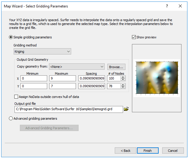 This image showcases the step in the Map Wizard that allows you to set the gridding parameters for your data visualization.